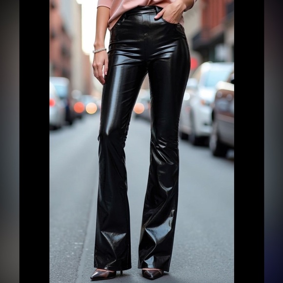 NEW! Good American pull on Glossy Black liquid vinyl Flare Pants - Picture 2 of 14